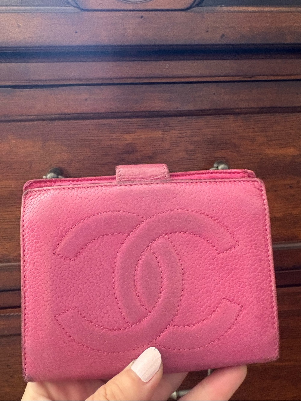 Auth Chanel Caviar Skin pink Leather Bifold Compact Wallet CC Kisslock